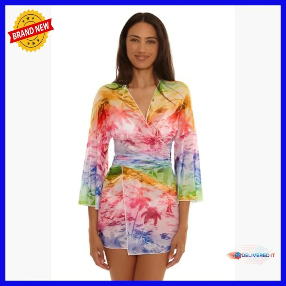 Small Tie Front Tunic Coverup, Lightweight Polyester Spandex, Bell Sleeves